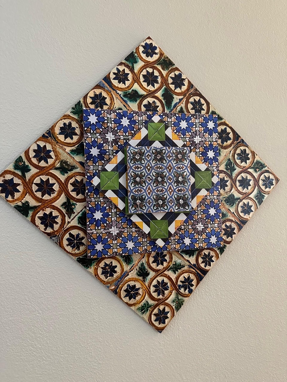 Austin Rock — After, decorative Moorish tile artwork in blue, gold and green diamond arrangement
