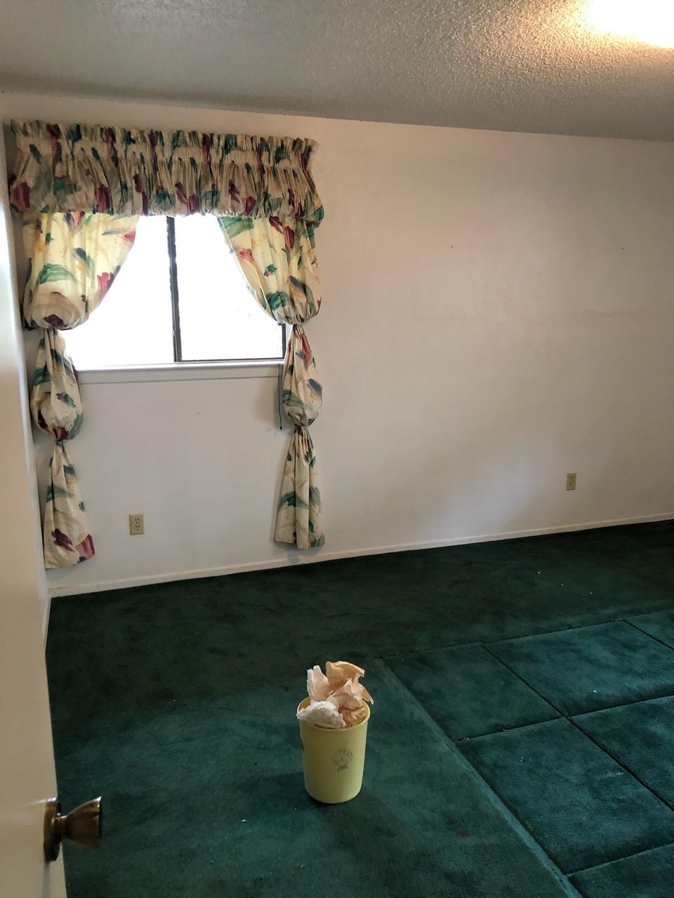 Austin Rock — Before, empty bedroom with green carpet and floral curtains