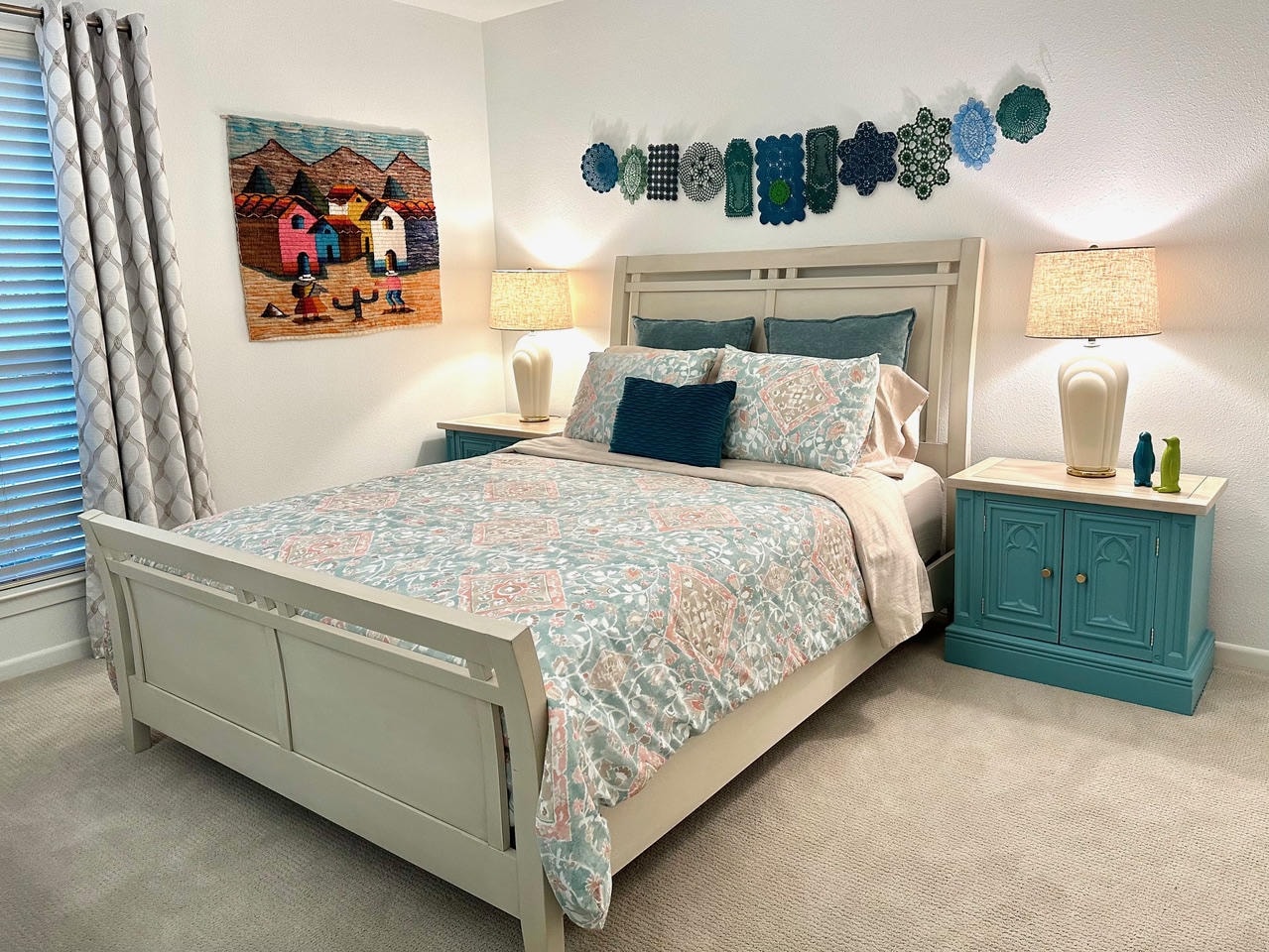 Austin Trail — After, bedroom with grey sleigh bed and teal nightstands