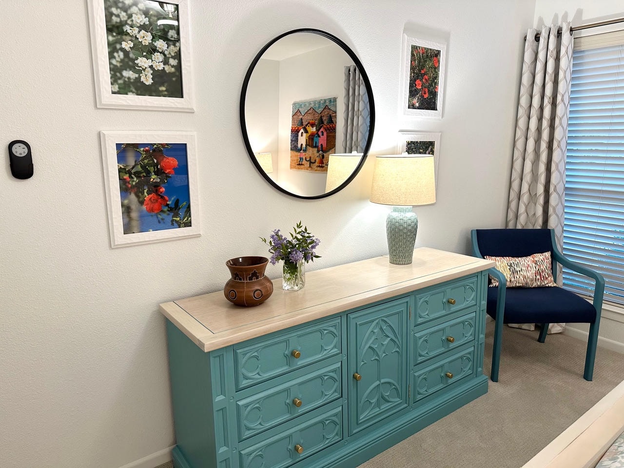 Austin Trail — After, turquoise dresser with round mirror and botanical artwork