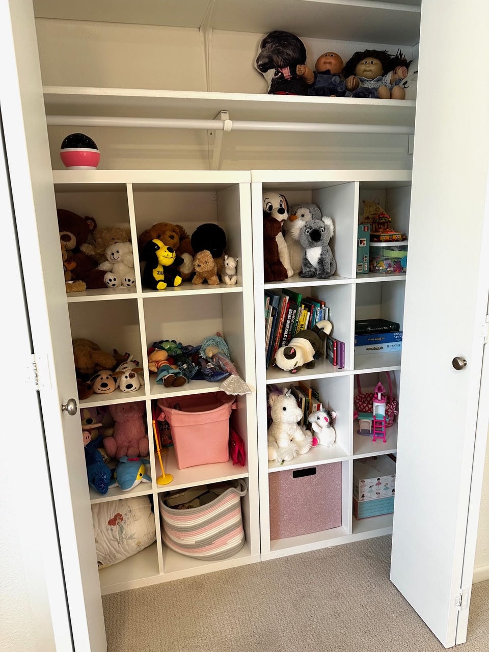 Austin Trail — After, organized closet with white cube shelving, stuffed animals, books and storage bins