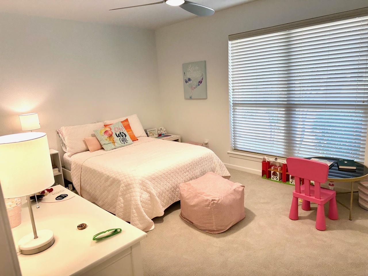 Austin Trail — Before, girl's bedroom with pink bedding and ceiling fan