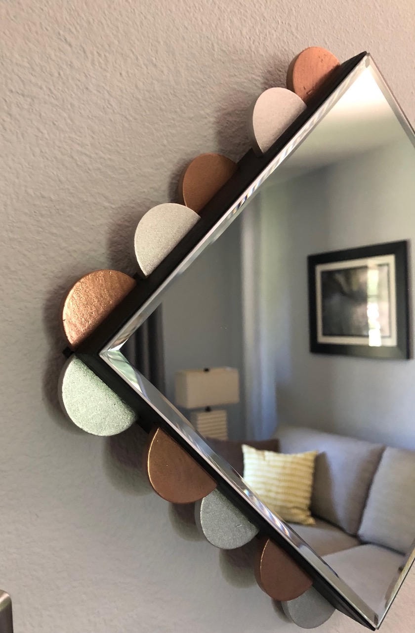 Diamond mirror with textured copper, grey and mint semicircle embellishments