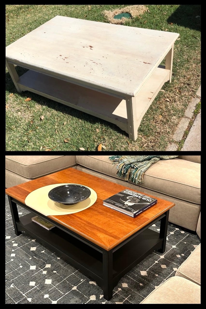 Weathered white coffee table refinished with rich cherry stain top and black base