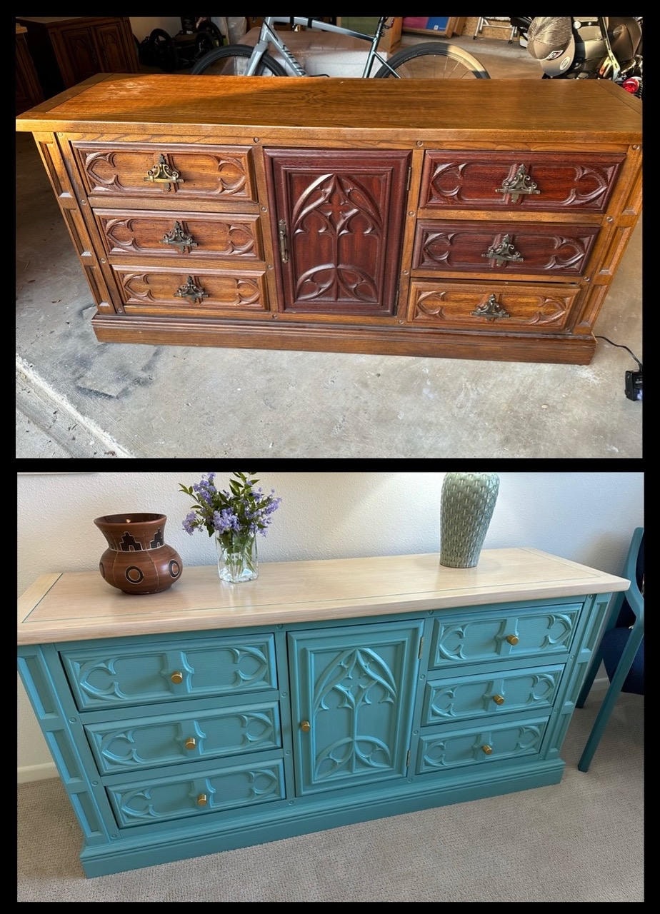Gothic carved dresser transformed from dark oak to vibrant teal with cream top and gold knobs