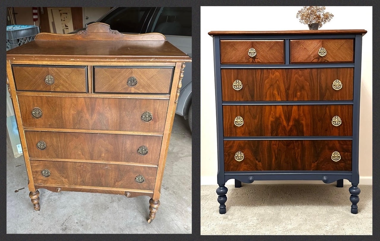 Antique walnut chest of drawers refinished with navy painted frame and restored wood drawer fronts