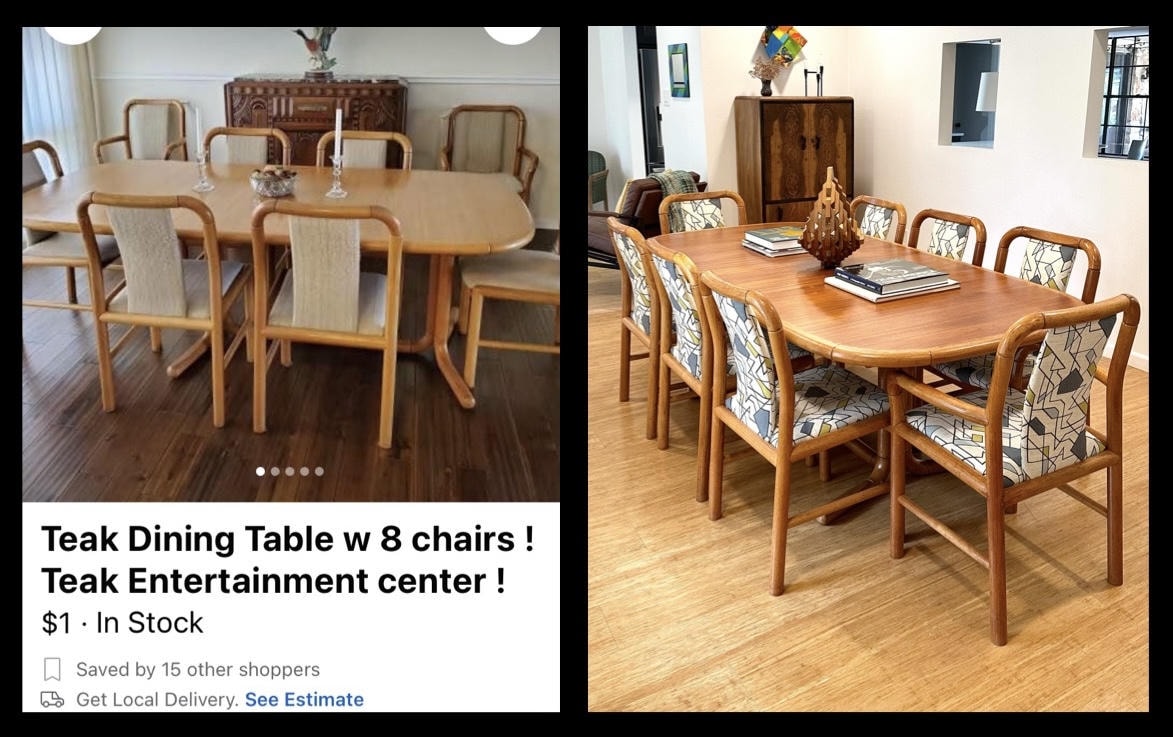 Teak dining table and chairs reupholstered with bold geometric patterned fabric