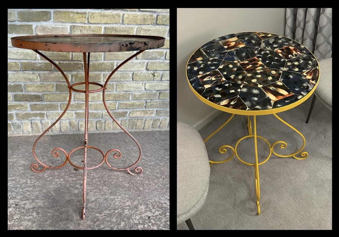 Rusty iron side table transformed with yellow paint and mosaic tile top
