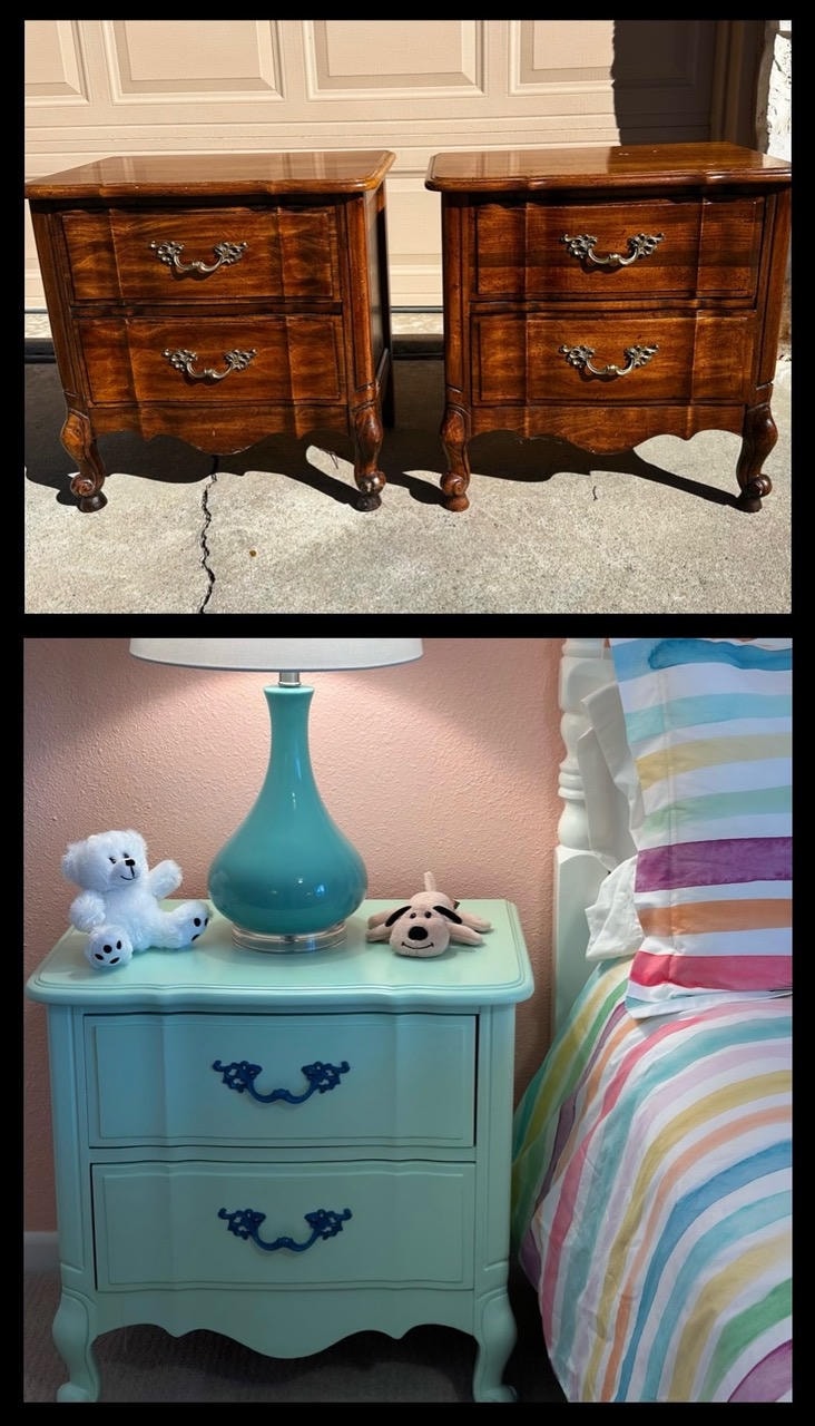 French provincial nightstands refinished in mint green with navy hardware