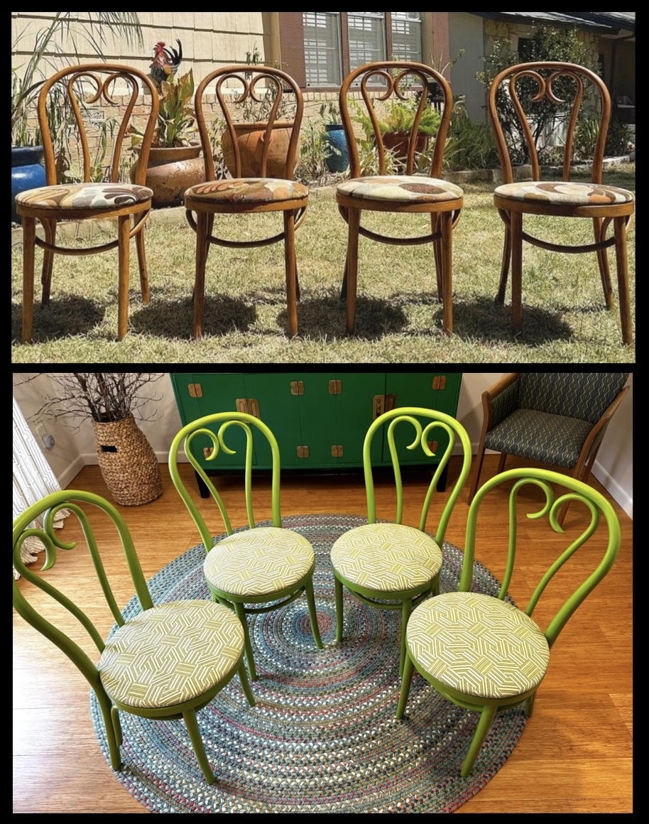 Bentwood café chairs painted lime green with new geometric upholstered seats