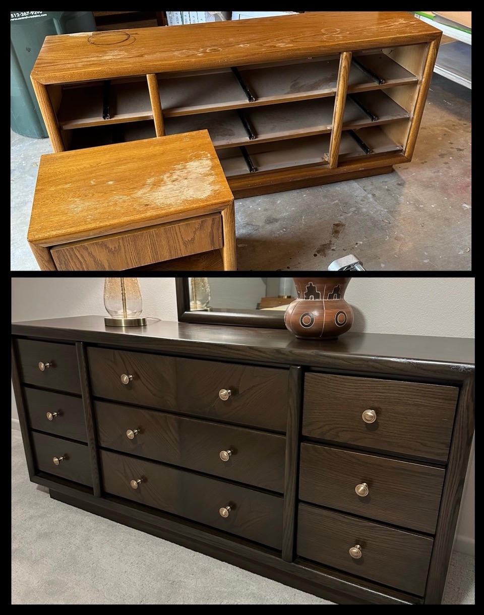 Oak dresser and hutch transformed into a sleek dark espresso finish with brass knobs