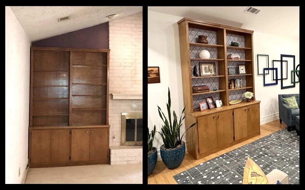 Built-in bookcase refreshed with chevron wallpaper backing and styled shelves