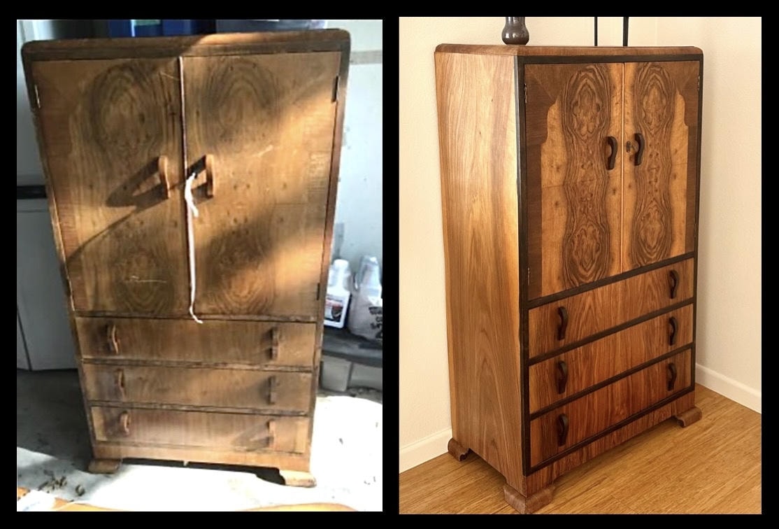 Antique walnut armoire restored to reveal stunning burl wood grain with dark inlay