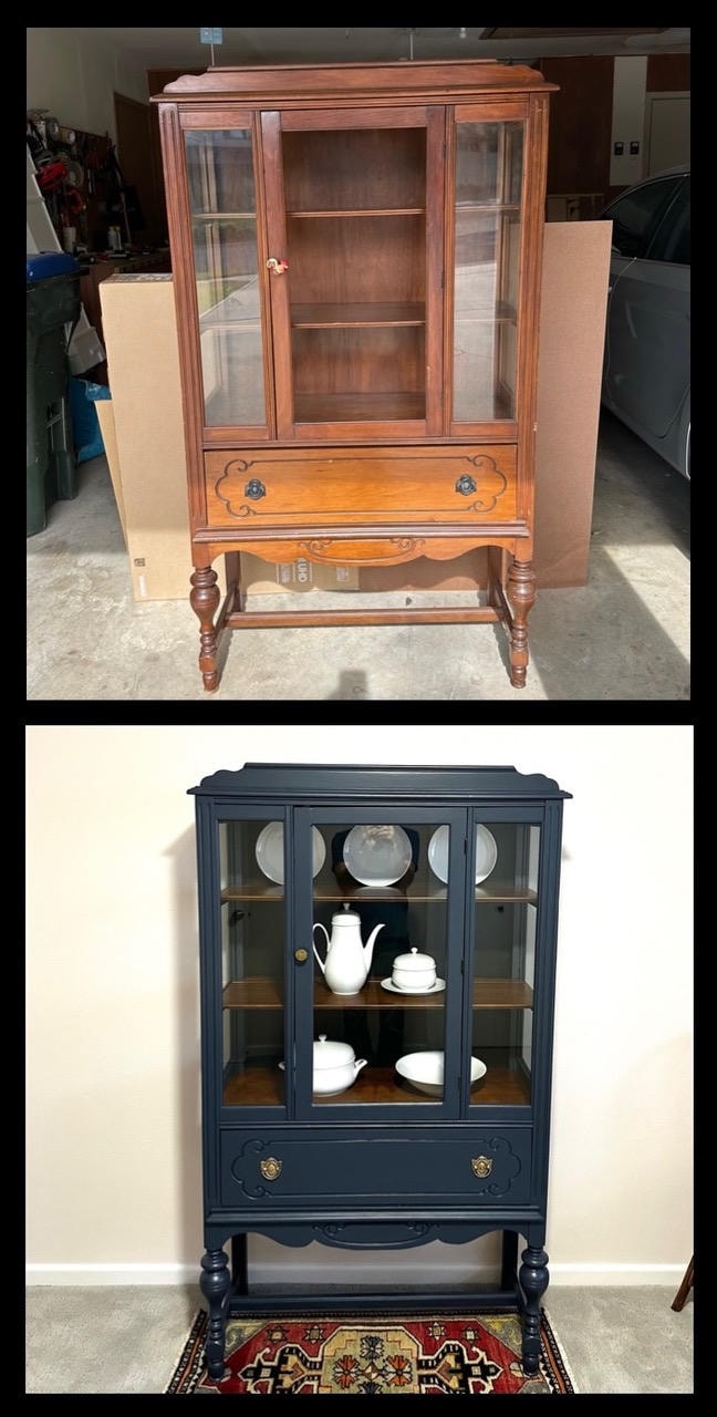 Antique china cabinet transformed from worn oak to dramatic navy with brass hardware