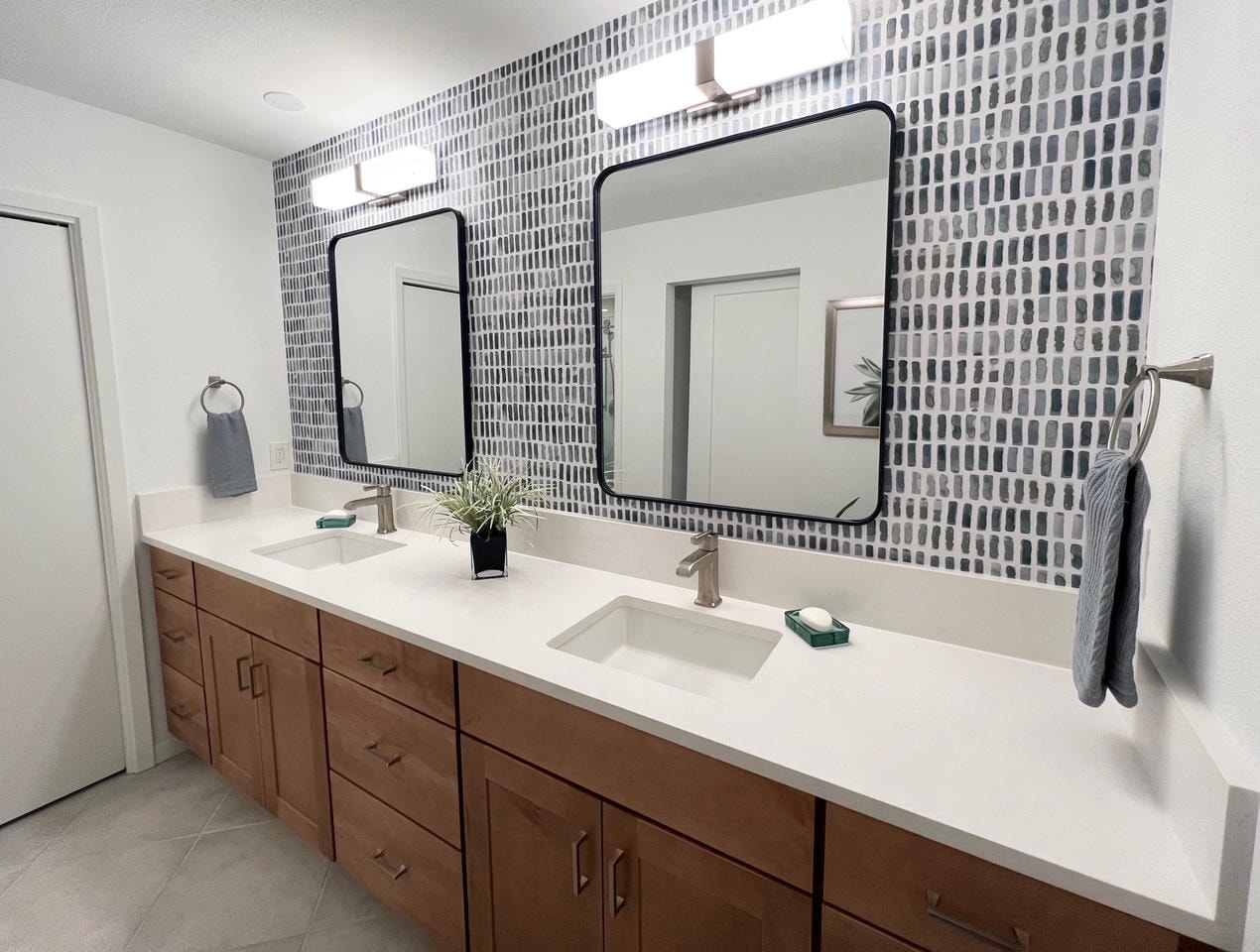 Austin Trail — After, dual-sink bathroom with patterned tile