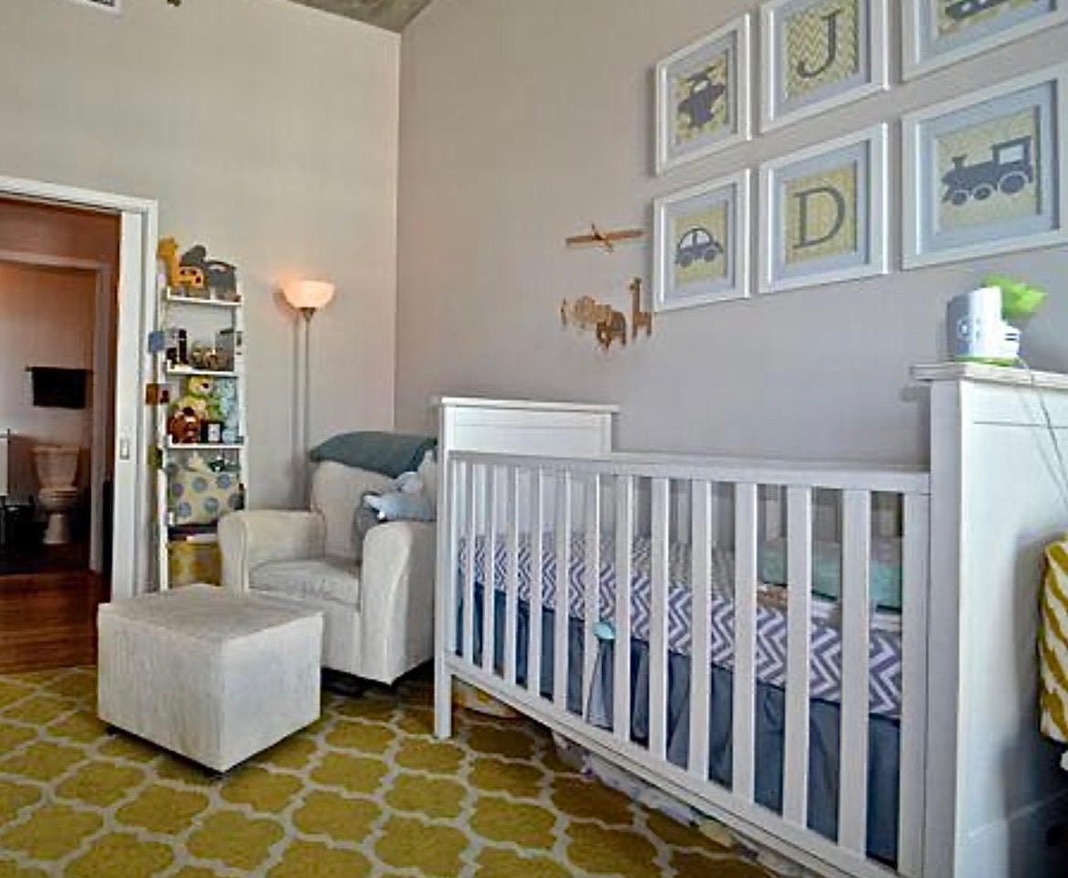 Nashville Gulch — Before, nursery with white crib, yellow rug and gallery wall